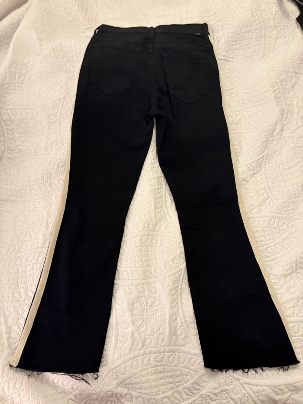 MOTHER Insider Crop Step Fray Jeans 27 Guilty Racer Black Side Stripe Raw Hem - Picture 3 of 13